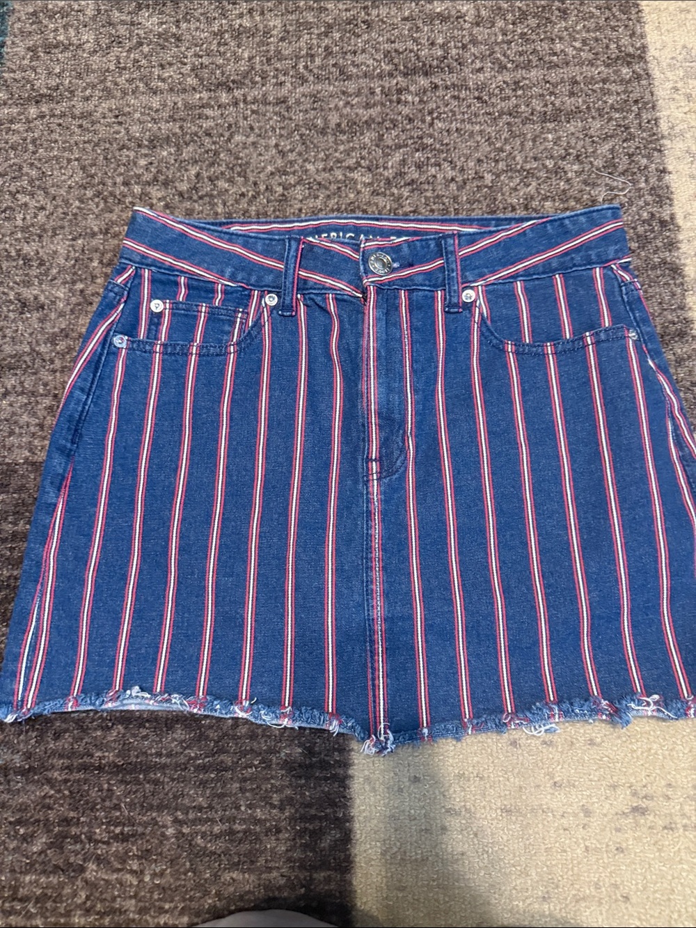 American Eagle Striped Denim Mini Skirt - Blue with Red & White Stripes